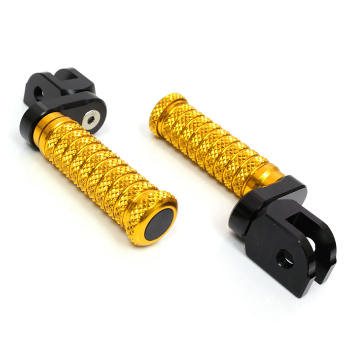 Front view of MC Motoparts 25mm extension foot pegs for Honda CBR300R, CBR500R, and CBR600 motorcycle, showing the polished metal design.