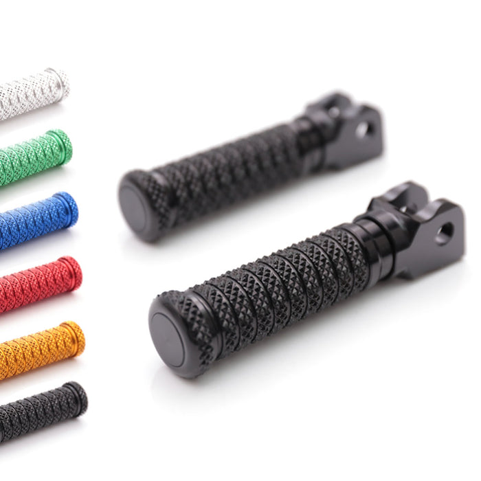 Black MC Motoparts standard front foot pegs for Honda VFR800, VFR1200F, and NC750X motorcycle, shown from the front view.