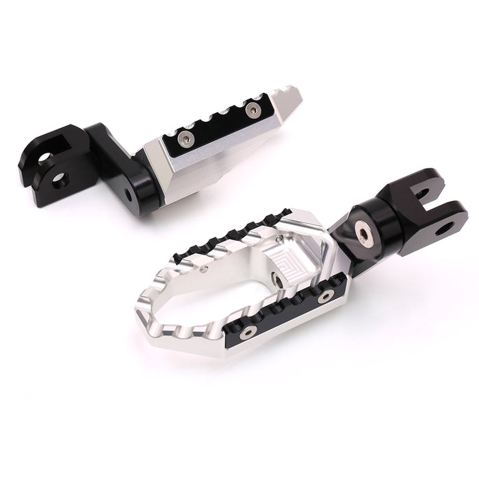Black 40mm extension foot pegs for Honda VFR800, VFR1200F, ST1300 touring bikes by MC Motoparts, adjustable for rider comfort.