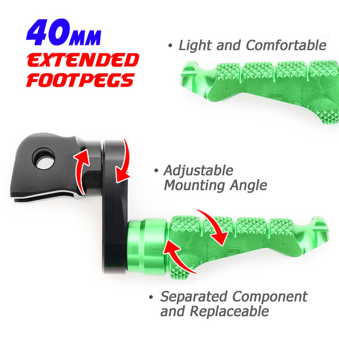 Front view of MC Motoparts 40mm extension foot pegs for Kawasaki GTR1400, Versys 1000, 650 R-FIGHT with adjustable design.