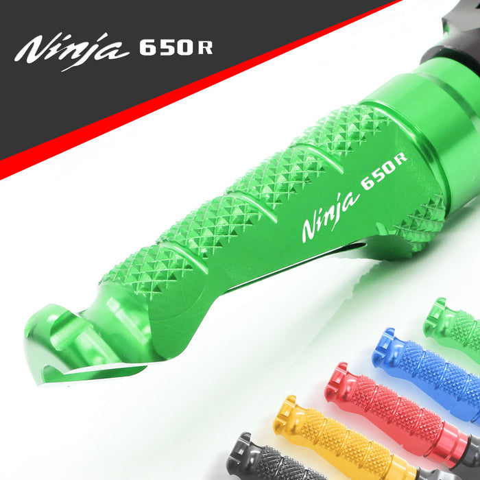 Kawasaki Ninja 650R 09-26 MC Motoparts R-FIGHT engraved logo standard foot pegs, front view with metal finish and grip surface