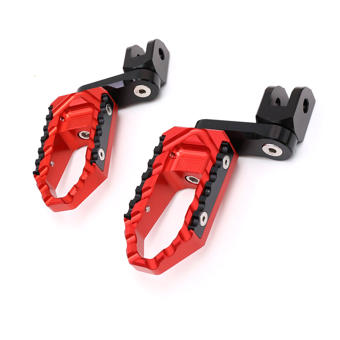 Front view of MC Motoparts 40mm adjustable extension foot pegs for Kawasaki Versys 1000, ZR7S, ZRX1200, and touring motorcycles.