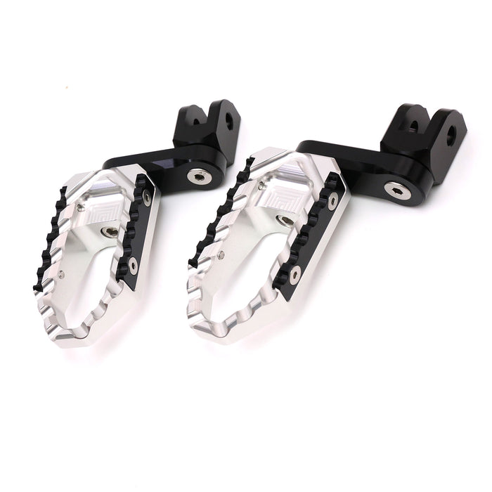 Front view of MC Motoparts 40mm extension foot pegs for Kawasaki Versys 1000 ZR7S ZRX1200 touring motorcycles.