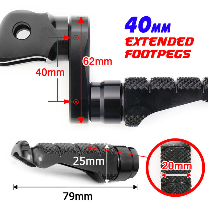 MC Motoparts 40mm adjustable front foot pegs for Kawasaki Z H2 Z1000 Z125 Z750 Z900 motorcycles, detailed view of black foot peg extension.