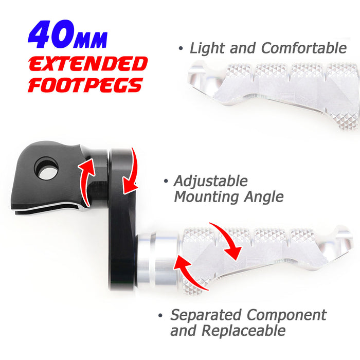 Front view of MC Motoparts 40mm adjustable extension foot pegs for Kawasaki Z H2, Z1000, Z125, Z750, and Z900 motorcycle.