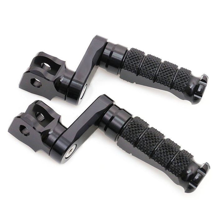 Black 40mm adjustable extension foot pegs for Kawasaki Z H2, Z1000, Z125, Z750, Z900 by MC Motoparts, shown from the front view.