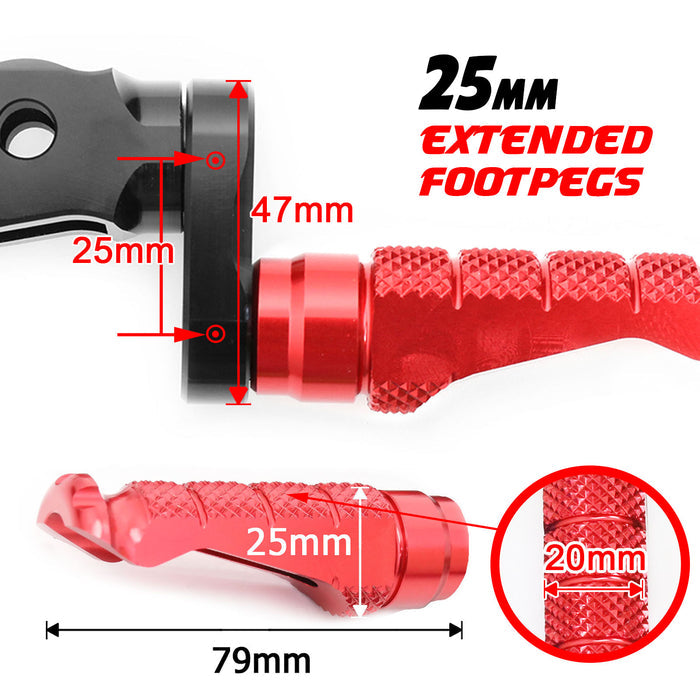 Front view of MC Motoparts 25mm adjustable extension foot pegs for Suzuki DL1000, DL650, GW250 motorcycle with textured footrests.