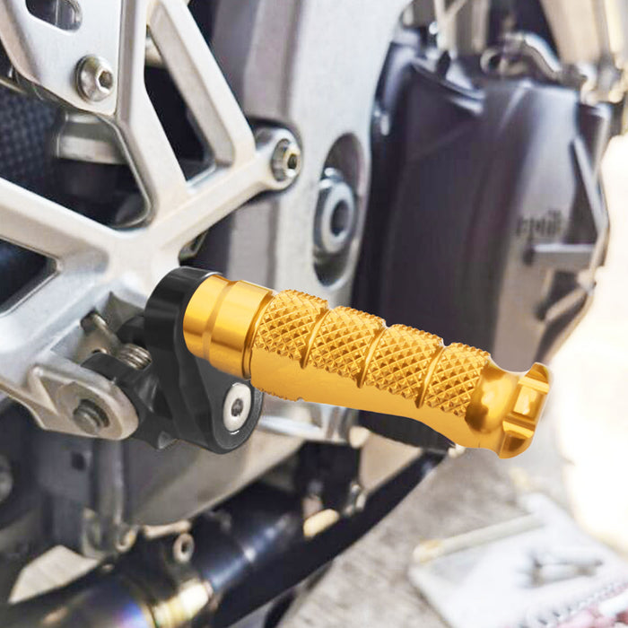 Front view of MC Motoparts 25mm extension foot pegs on Suzuki DL1000, DL650, GW250 motorcycle, showing adjustable design and installation details.