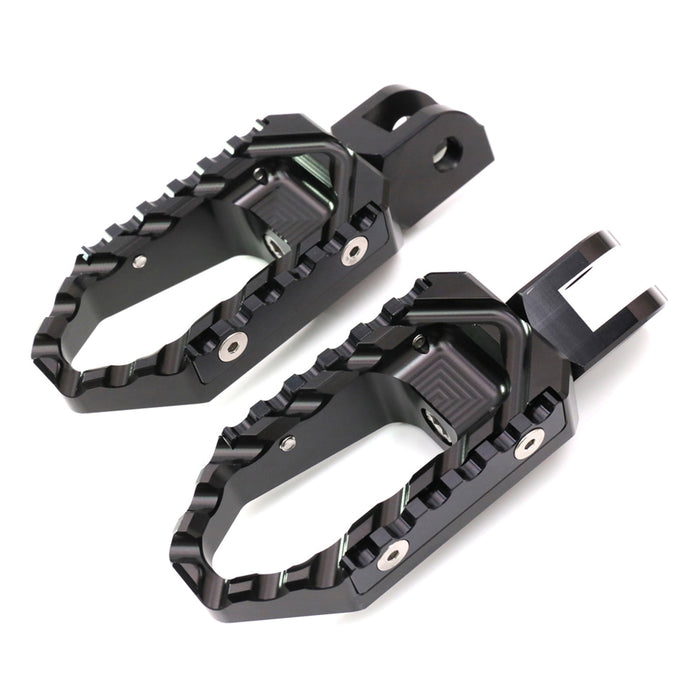 Front view of MC Motoparts touring foot pegs for Suzuki DL1000, DL650, SV650 motorcycles, featuring black metal construction.