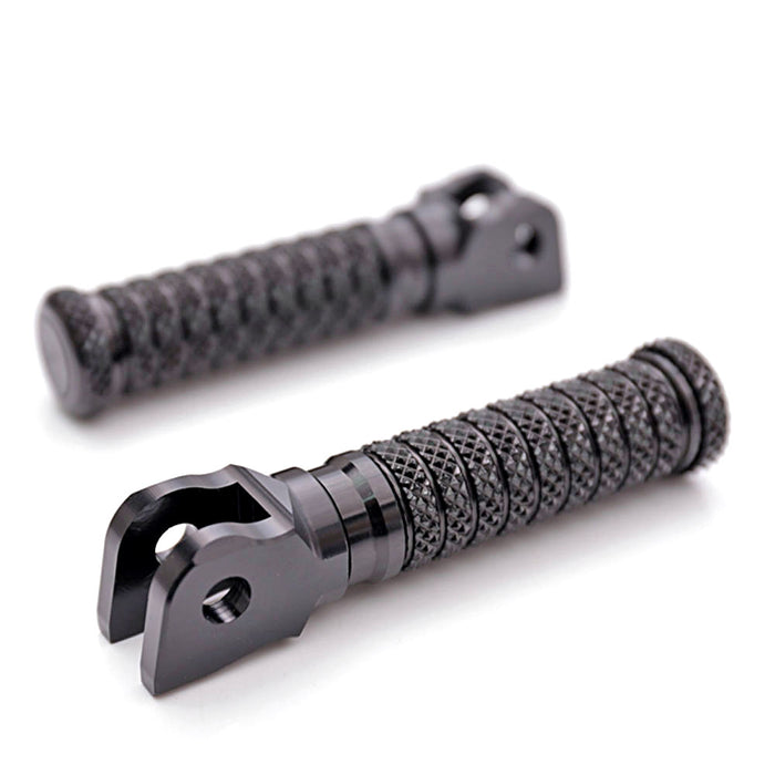 Black MC Motoparts front standard pole foot pegs for Suzuki GSX-R 1000, 600, 750 motorcycle, shown from the front view.