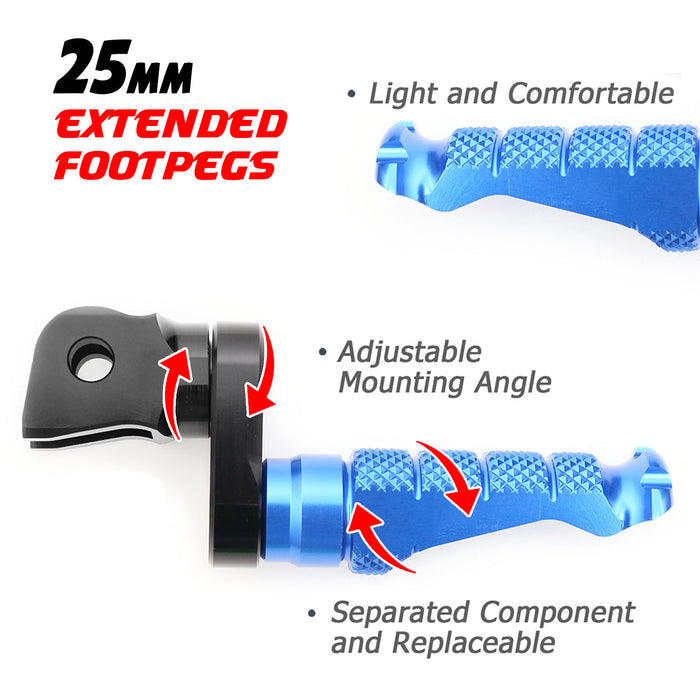 Front view of MC Motoparts 25mm adjustable extension foot pegs for Suzuki GSX-R 1000, 600, 750 R-FIGHT motorcycle.