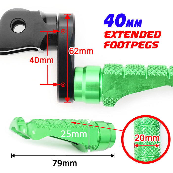 Front view of MC Motoparts 40mm extension foot pegs for Suzuki GSX-R 1000, 600, 750 R-FIGHT motorcycle with metal construction and grip surface.