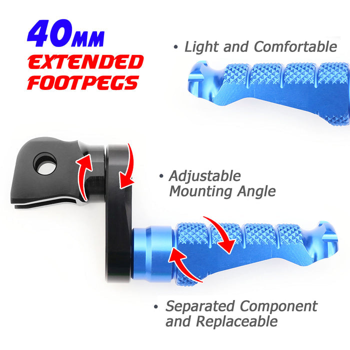 Front view of MC Motoparts 40mm adjustable extension foot pegs for Suzuki GSX-R 1000, 600, and 750 R-FIGHT motorcycles.