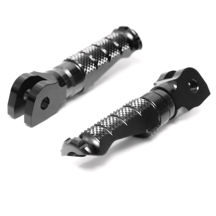 Black MC Motoparts standard front foot pegs for Suzuki GSX-R 1000, 600, 750 R-FIGHT motorcycle, shown from the front angle.