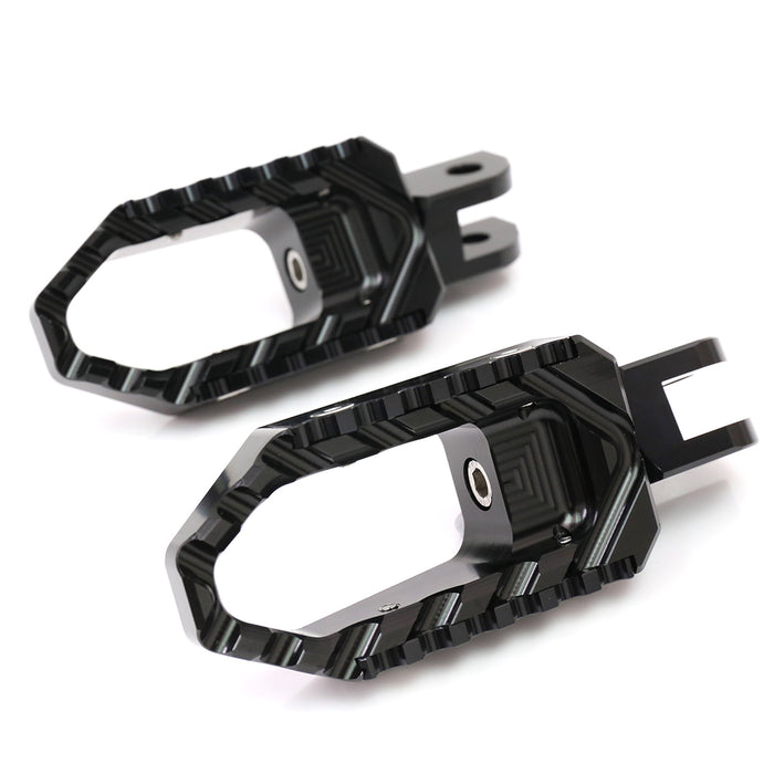 Front view of MC Motoparts touring wide foot pegs for Triumph Daytona 675 R 955i TRC motorcycle, showing durable metal construction