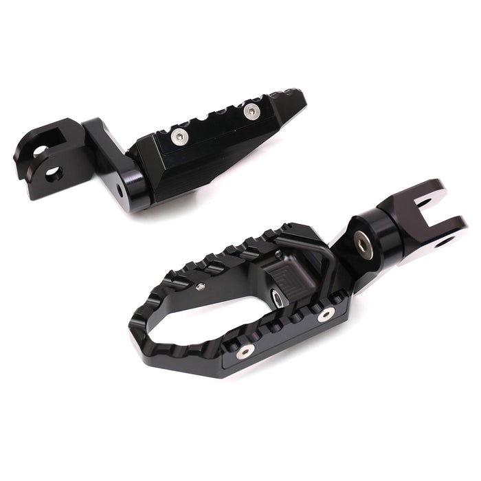 Front view of MC Motoparts 40mm extension foot pegs for Triumph Daytona 675 R Thruxton R, featuring multi-step wide design.