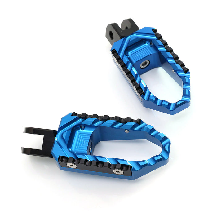 Front view of MC Motoparts touring foot pegs for Triumph Scrambler Speed Triple 955i TRC motorcycle, black standard foot pegs.