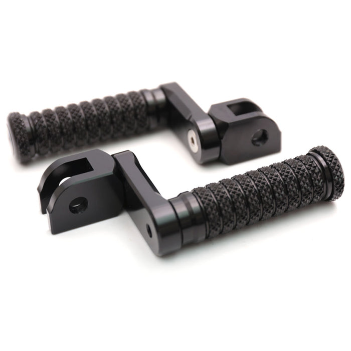 Black 40mm extension foot pegs for Yamaha Bulldog Vmaz 1700 XJR1200 XJR1300 by MC Motoparts, shown from the front angle.
