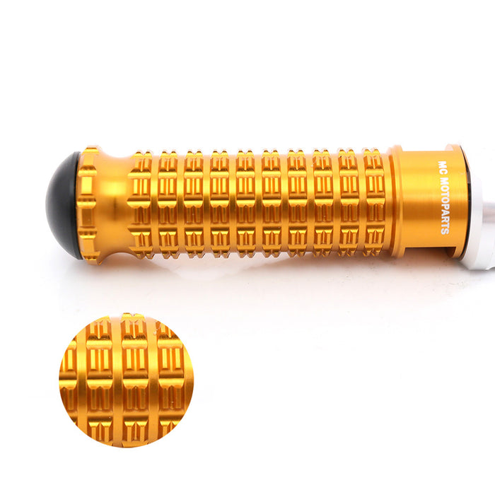 Yamaha FZ1, FZ6, FZ8, MT-09, MT-07 MC Motoparts standard motorcycle foot pegs in gold with detailed metal finish.