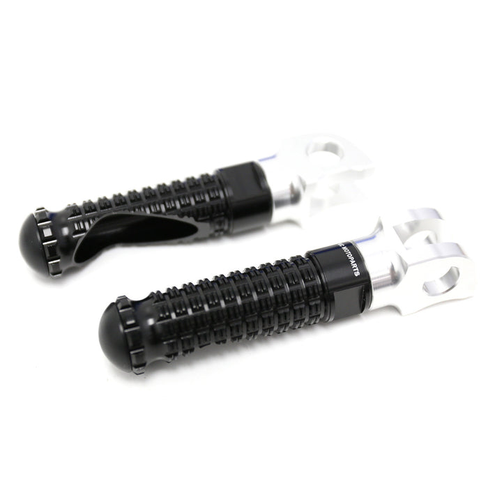 Black MC Motoparts standard foot pegs for Yamaha FZ1, FZ6, FZ8, MT-09, and MT-07 motorcycles, shown on a motorcycle footrest.