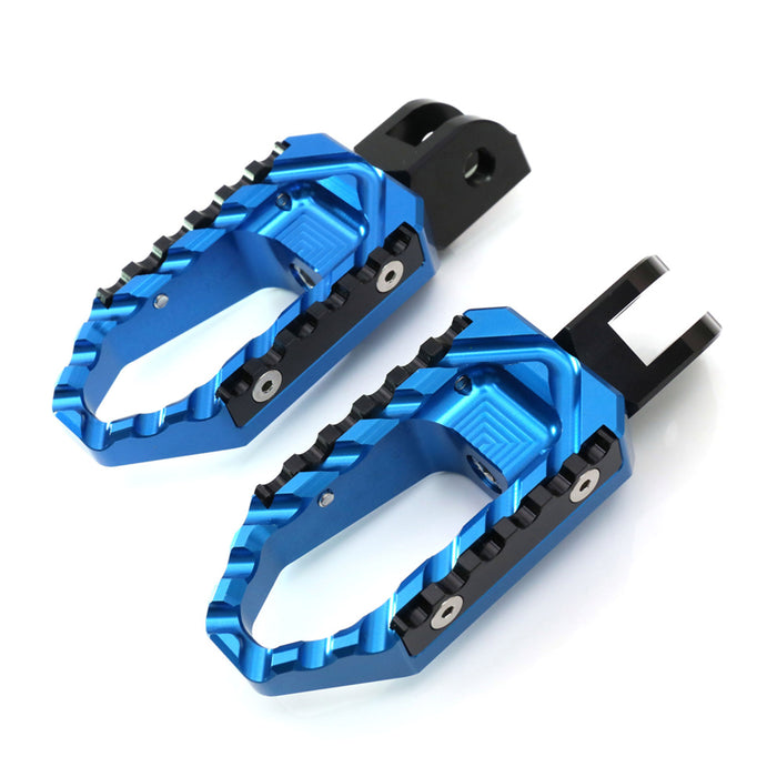 Black Yamaha motorcycle touring foot pegs by MC Motoparts, front view showing sturdy metal construction for MT-01, MT07, MT09, MT10, FZ1.