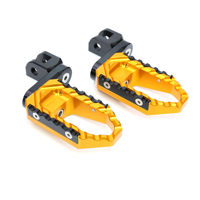 Black MC Motoparts 40mm extension foot pegs for Yamaha MT09, MT07, MT10, and TRC Touring bike models, adjustable for rider comfort.