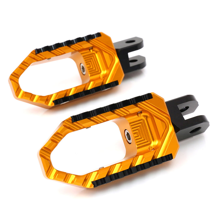 Front view of MC Motoparts touring wide foot pegs for Yamaha XJR1300 and XJ6 Diversion motorcycle, black standard foot pegs.