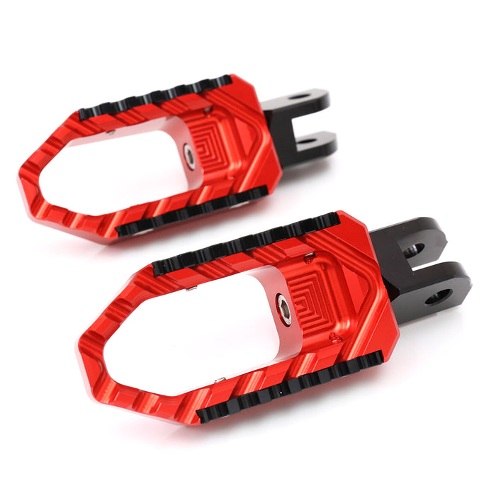 Front view of MC Motoparts touring wide foot pegs for Yamaha XJR1300, XJ6 Diversion, and TRC models, featuring black finish and sturdy design.