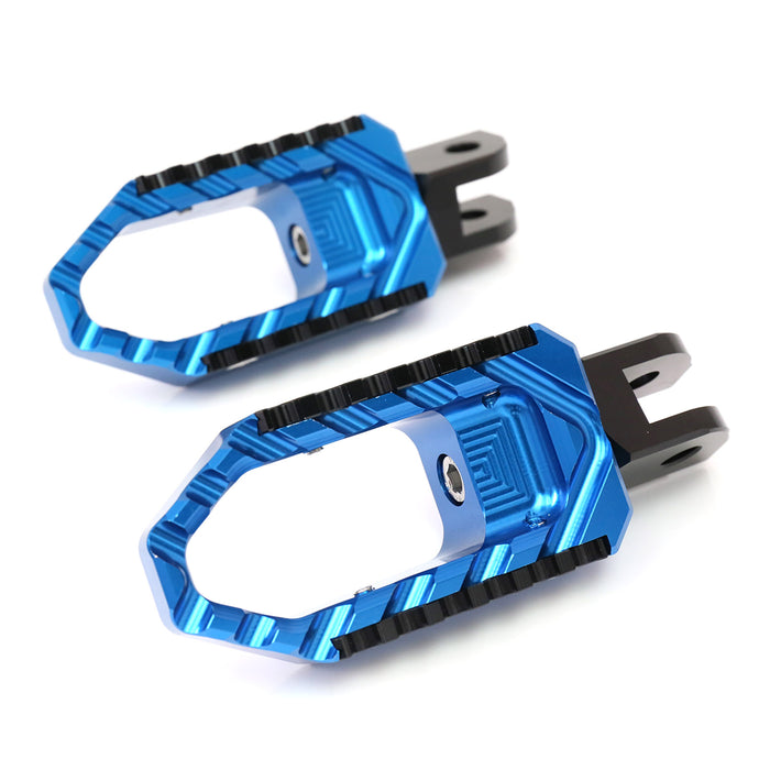 Black MC Motoparts touring wide foot pegs for Yamaha XJR1300 and XJ6 Diversion, standard style, shown from the front angle.