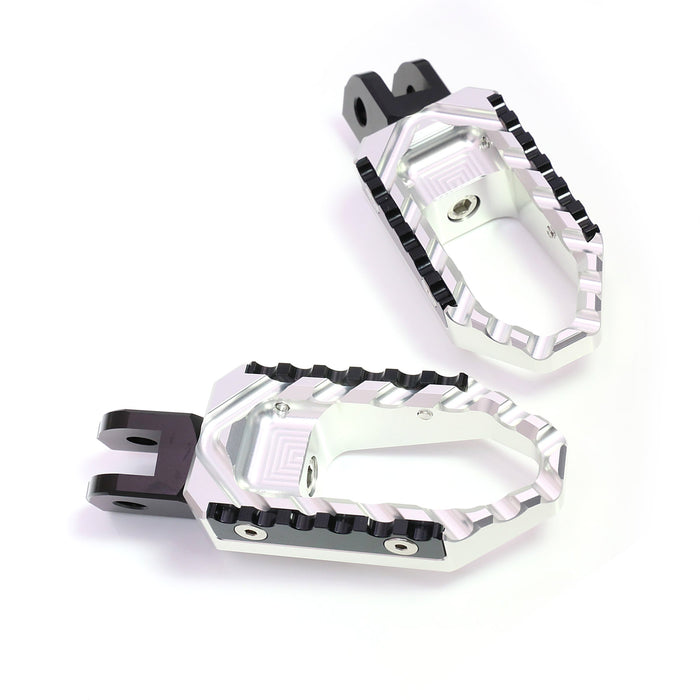 Front view of MC Motoparts touring wide foot pegs for Yamaha YZF R1, R1M, R3, and R6 motorcycles, made for comfortable riding.
