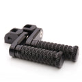 Black 40mm extension foot pegs for Yamaha YZF R1 R3 R6 R25 R125 by MC Motoparts, shown installed on motorcycle.