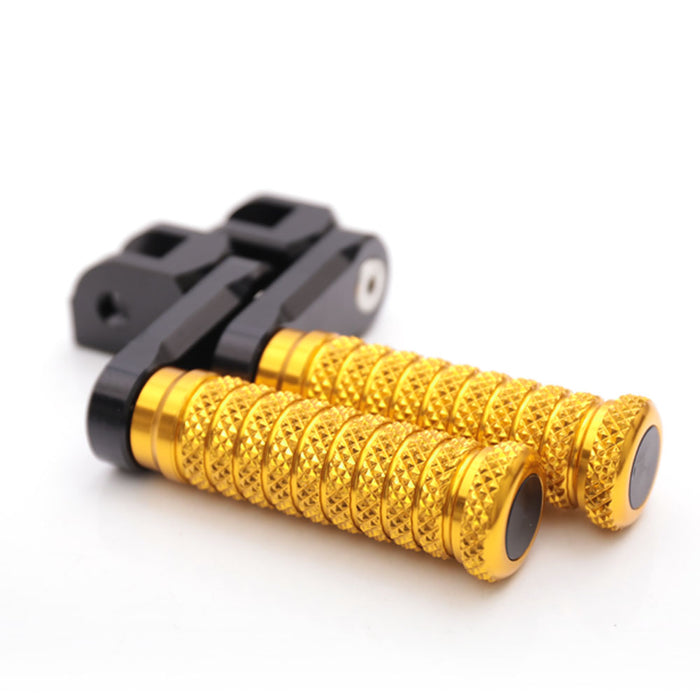 Front view of MC Motoparts 40mm extension foot pegs for Yamaha YZF R1 R3 R6 R25 R125 motorcycle, showing sturdy metal construction.