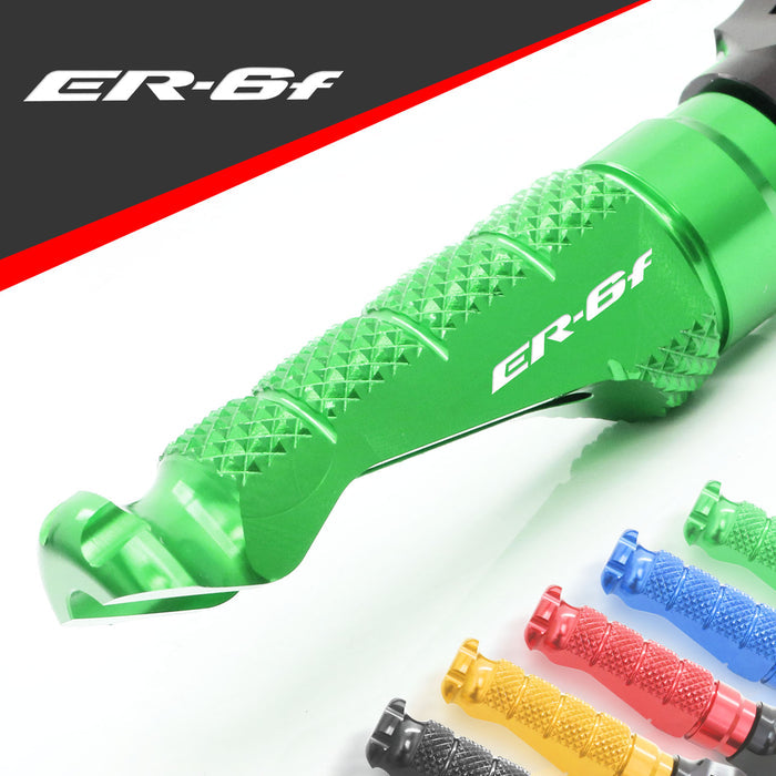 Kawasaki ER-6F 2009-2016 R-FIGHT front engraved logo motorcycle foot pegs by MC Motoparts, standard style for enhanced grip.