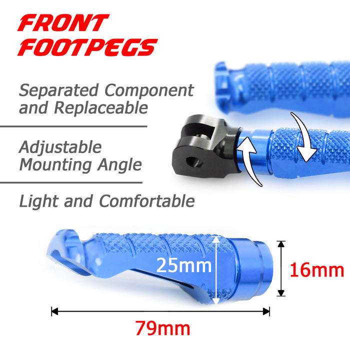 Front MC Motoparts R-FIGHT foot pegs for Kawasaki Versys 1000 2012-2024, engraved logo, durable metal motorcycle footrests