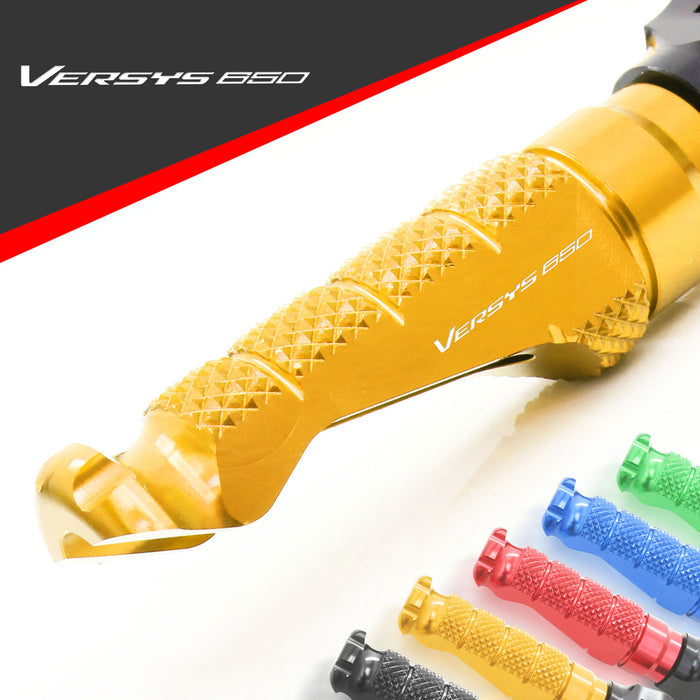 Front R-FIGHT engraved logo foot pegs for Kawasaki Versys 650 2006-2025 by MC Motoparts, standard motorcycle foot pegs.