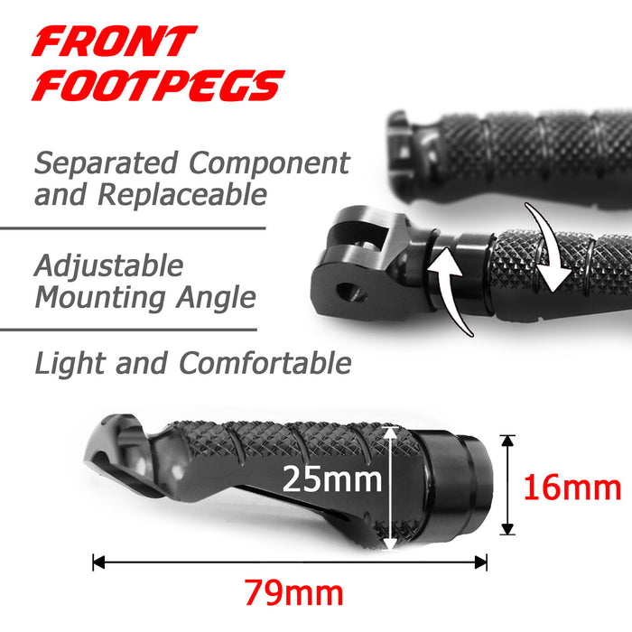 Front R-FIGHT foot pegs for Kawasaki Versys 650 2006-2025, black engraved logo, durable standard motorcycle foot pegs by MC Motoparts.