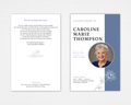 Gentle Grace funeral program cover — white and dusty blue split layout, circle portrait frame, line-art peony, bold sans-serif typography