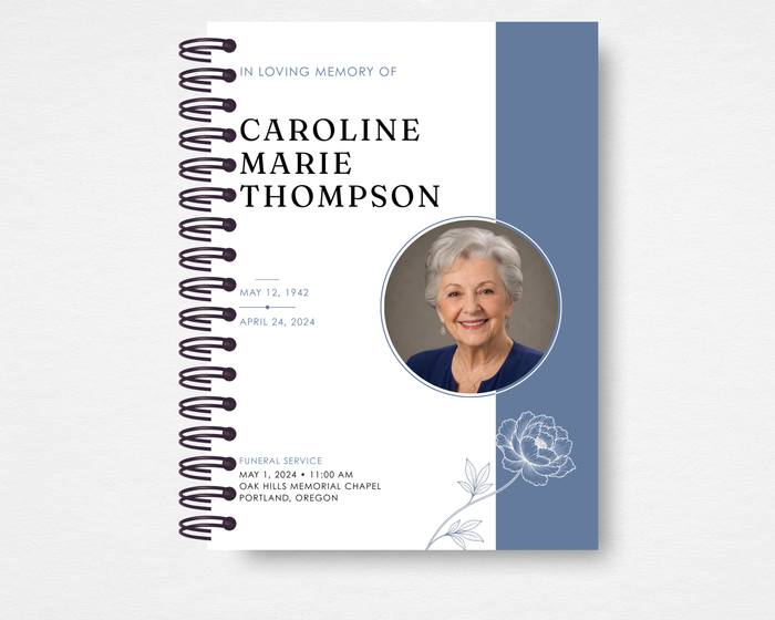 Gentle Grace memorial guest book front cover — white and dusty blue split layout with line-art peony, circular photo placeholder, bold sans-serif name and dates, and funeral service details — Standard size