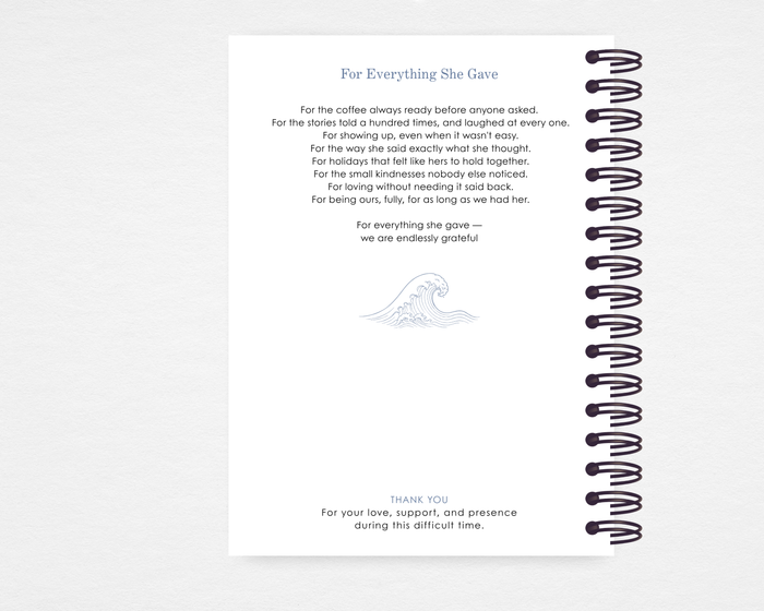 Gentle Grace memorial guest book back cover — white background with line-art ocean wave illustration and original poem "For Everything She Gave" in dusty blue serif type, with Thank You acknowledgment — Standard size