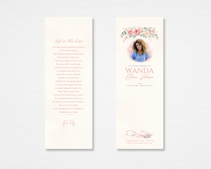 Gentle Hands Memorial Bookmark Template — soft pink watercolor roses, nurse stethoscope motif, original poem Safe in His Care on back, editable in Canva