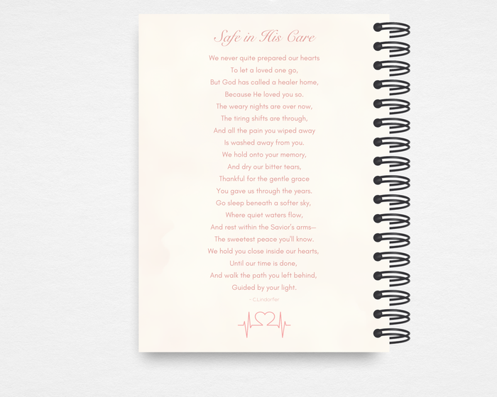 Gentle Hands Memorial Guest Book back cover — Safe in His Care original poem in flowing script with pink heartbeat EKG line, cream background, Canva editable