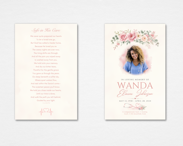 Gentle Hands Memorial Prayer Card Template — soft pink watercolor roses, nurse stethoscope motif, circular portrait frame, original poem "Safe in His Care," editable in Canva