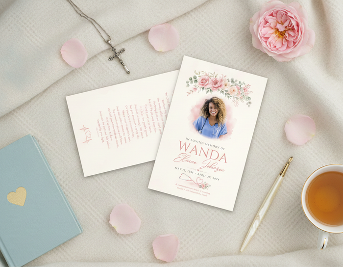 Gentle Hands Memorial Prayer Card lifestyle mockup — prayer card with pink roses and stethoscope heart design displayed with cross necklace, pink peonies, and blue journal