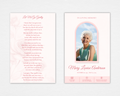 Gentle Rose funeral program — front cover with soft blush rose background, arched pink photo frame, script name typography, and three-icon service detail footer — Standard size