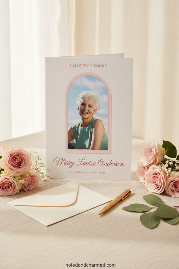 Blush pink arched funeral program template displayed as a printed product, styled on cream linen with roses, eucalyptus, and a gold pen — lifestyle flat lay