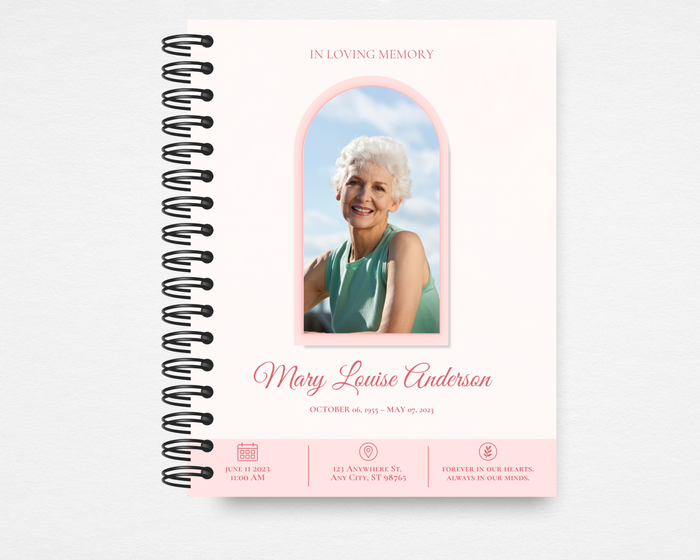 Gentle Rose memorial guest book — front cover with soft blush rose background, arched pink photo frame, script name typography, and three-icon service detail footer