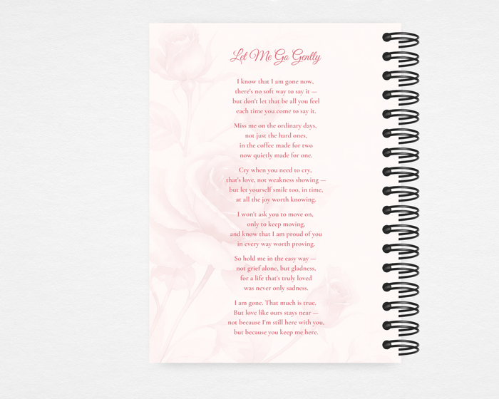 Gentle Rose memorial guest book — back cover with soft rose watercolor wash and full text of the original poem Let Me Go Gently