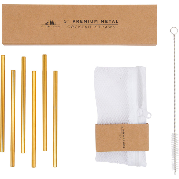 Labeled graphic showing six gold metal cocktail straws, a dishwasher bag, and a cleaning brush, with product details (details in description).