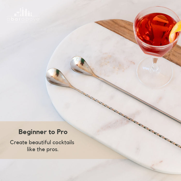 Feature graphic for Gold Standard Bar Spoons, showing text about creating cocktails for beginners to pros (details in description).
