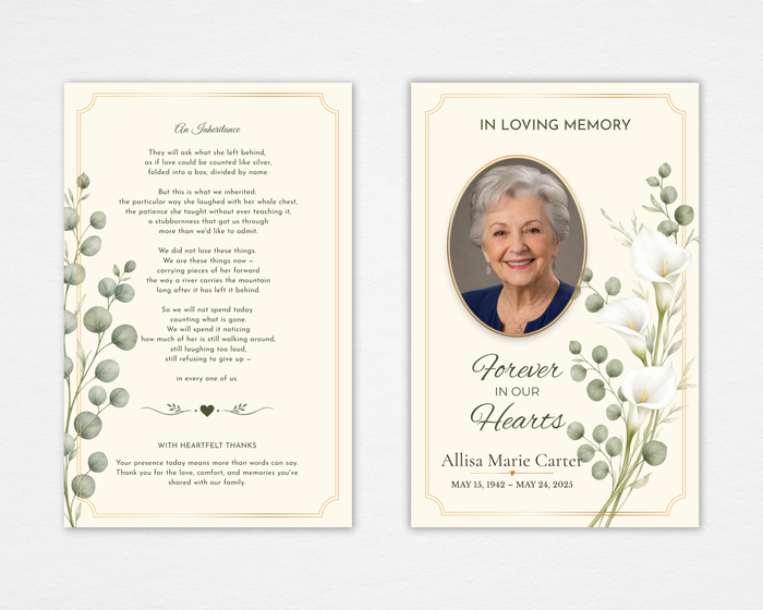 Golden Grace funeral program cover — cream background, white calla lilies and eucalyptus botanicals, gold oval portrait frame, classic serif and script typography